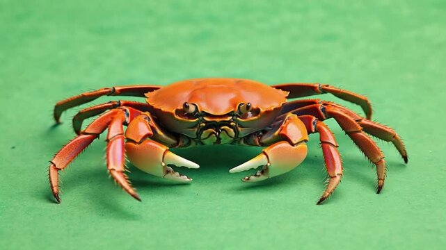 Vibrant orange crab on green background, showcasing its claws and legs