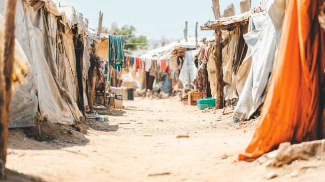 Narrow dusty path winding between rows of makeshift shelters in an overcrowded refugee camp or informal settlement