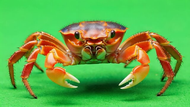 Vibrant orange crab with claws on green background looking forward