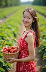 Fototapeta premium Young woman smiles holding basket full of fresh strawberries. She wears a red polka dot dress and stands in a vast green field during bright daylight.