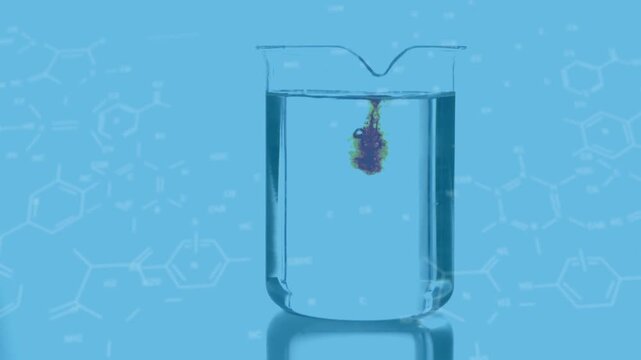 Animation of chemical formulas over liquid pouring into lab glass on blue background