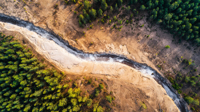 Dried riverbed snaking through a green forest and barren land, environmental change from above