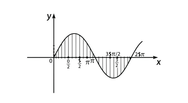 Mathematical graph of sine wave with shaded area under curve illustrating integral calculus concept in education and science