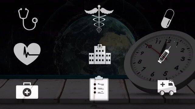 Animation of network of medical icons, clock and globe
