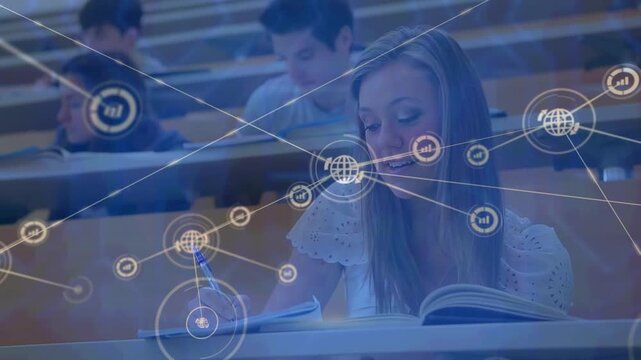 Animation of network of digital icons over caucasian girl studying in class at college
