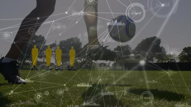 Animation of network of connections with data processing over diverse football players