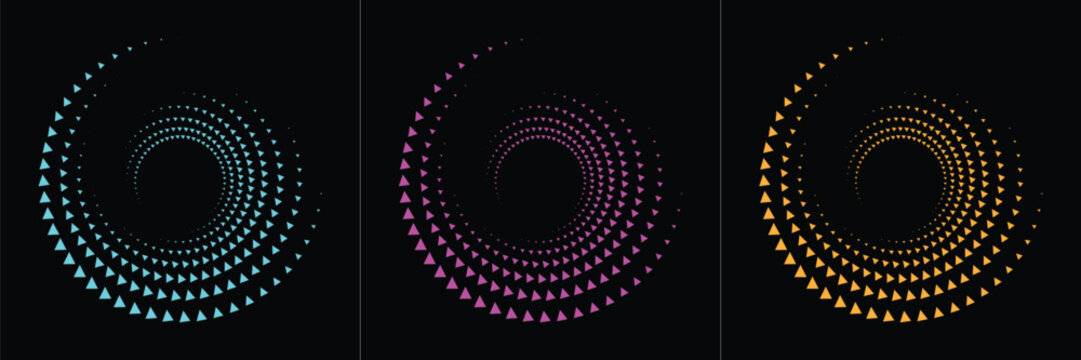Three vibrant spiral designs composed of colorful triangular shapes against a black background high-quality