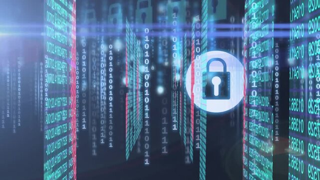 Animation of red pattern over online security padlock data processing on black background