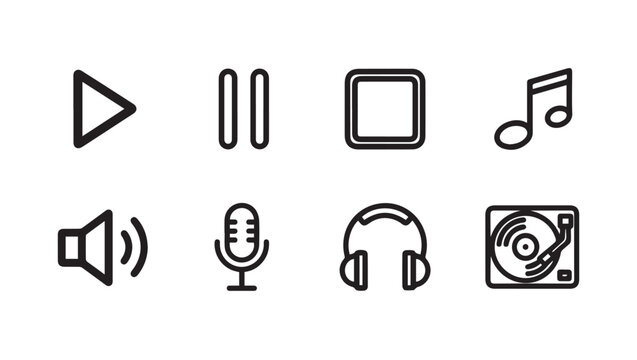 Play Pause Stop Music Note Volume Microphone Headphones Turntable IconsClean Line Art