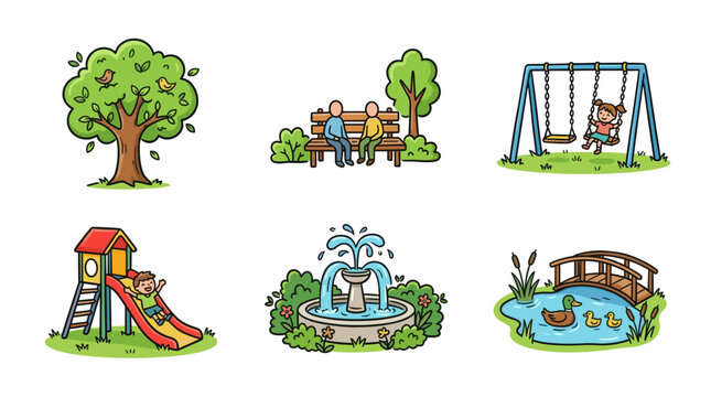 Colorful doodle park activity set with cute outdoor leisure scenes