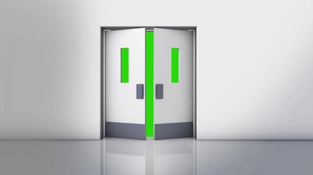 4K loop animation of hospital double doors opening with green screen background, ideal for medical scenes, transitions and chroma key editing.