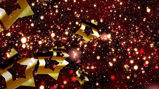 Animation of snow falling over stars and light spots on black background