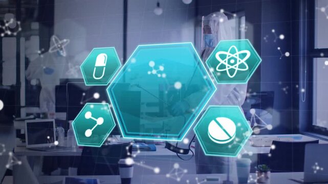 Animation of hexagons with medical icons over man sanitizing office