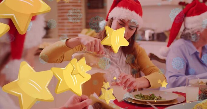 Animation of stars over caucasian family with santa hats having christmas dinner