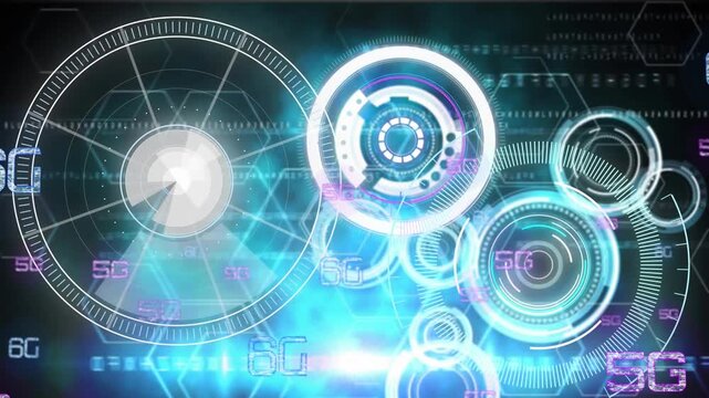 Animation of multiple 5g and 6g text banners over round scanners and blue light spots