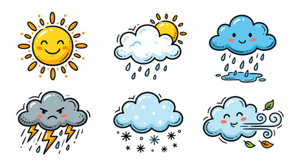 Obraz premium Colorful doodle weather icons set with cute forecast symbols