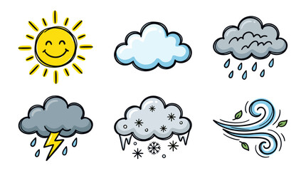 Obraz premium Colorful doodle weather icons set with cute forecast symbols