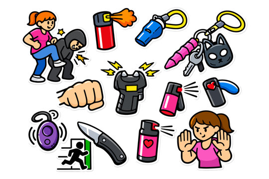 Self-defense tools and techniques featuring diverse accessories for personal safety.