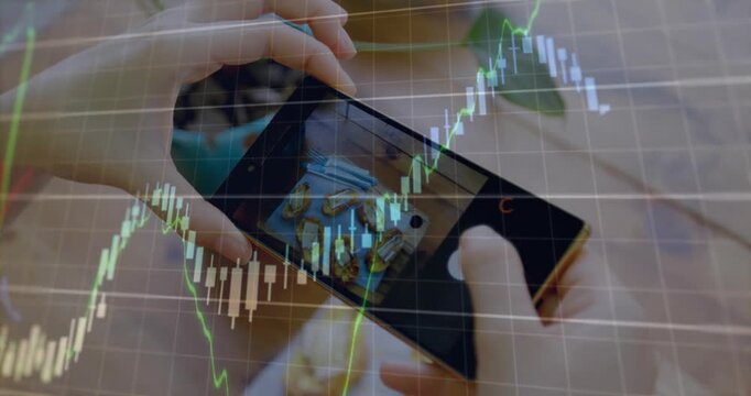 Animation of data processing over hands taking photo with smartphone