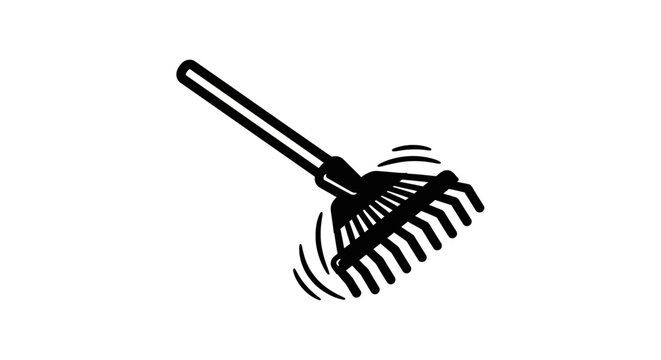 A black and white illustration of a handheld rake with curved tines and a long handle, appearing to be used for gardening or yard work in a simple drawing style