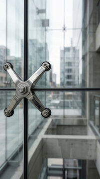 Modern glass facade of office building with stainless steel spider fitting. Exterior architectural detail of skyscraper construction. Urban city background for business design concept.