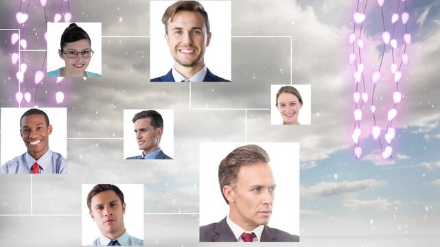 Snow falls on a black backdrop with glowing lights and a cloudy sky illusion.