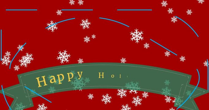 Animation of christmas greetings text over snow falling on red background