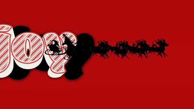 Animation of santa claus in sleigh with reindeer over moon and red background