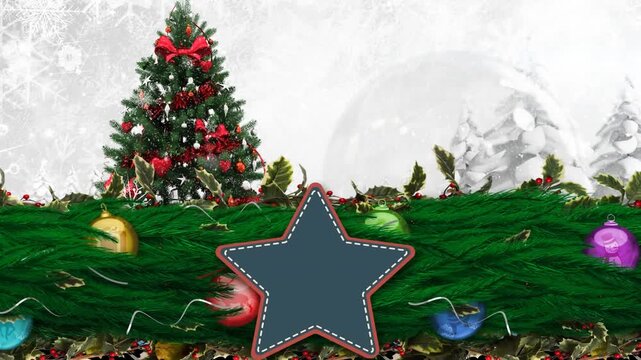 Animation of merry christmas text banner and snow falling over christmas tree on winter landscape