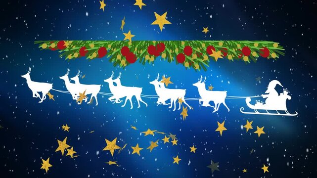 Animation of christmas decoration, santa claus in sleigh and snow falling over winter scenery
