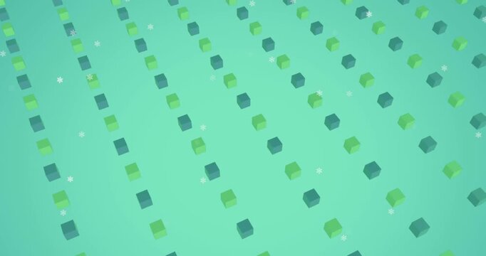 Animation of snowflakes falling over 3d structures in seamless pattern against green background