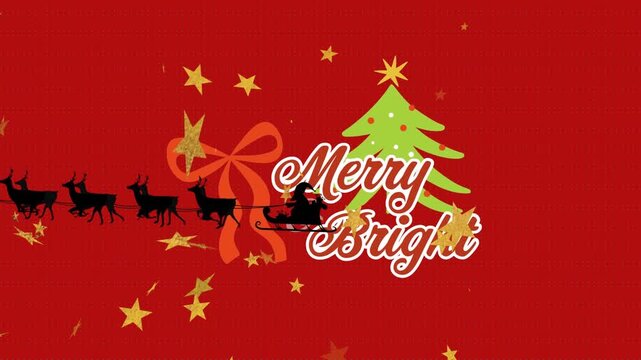 Animation of santa claus in sleigh pulled by reindeers over merry christmas text on red background
