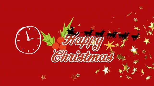 Animation of santa claus in sleigh pulled by reindeers over happy christmas text on red background
