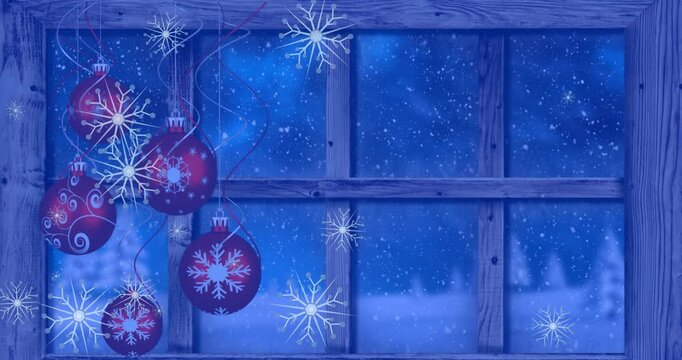 Animation of snowflakes floating over hanging bauble decorations and wooden window frame
