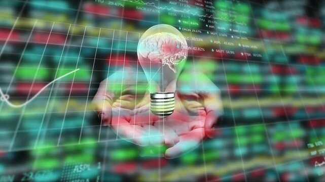Animation of human brain in a light bulb icon over cupped hands against stock market data processing