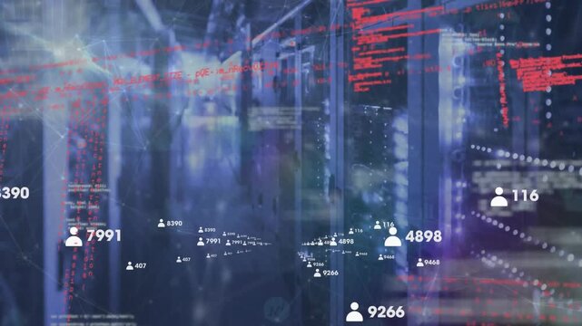 Animation of profile icons with increasing numbers and data processing against computer server room