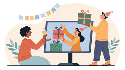 Fototapeta premium A cartoon illustration of three people celebrating a virtual party with gifts and decorations on a computer screen