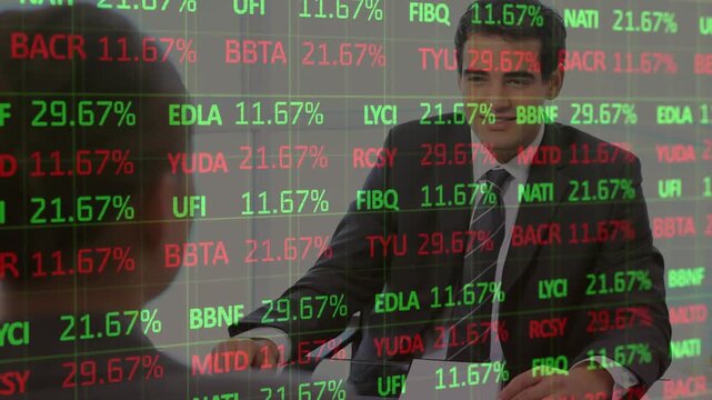 Animation of financial data processing over caucasian basketball players