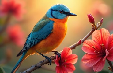 Obraz premium Blue and orange bird rests on flowering branch. Bright sunlight illuminates colorful avian creature. Nature scene shows wild animal in bloom. Peaceful moment captured.