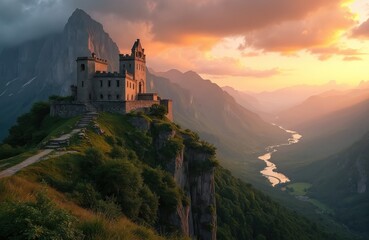 Obraz premium Ancient castle ruin sits atop steep green mountain overlooking winding river valley at sunset. Warm golden hour light illuminates hazy sky and distant peaks, creating serene natural panorama.