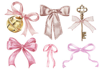 set Ilustraciones acuarela lazo moño rosado dorado cascabel llave antiguo bonito cinto bow ribbon pink coquette © sofrizz