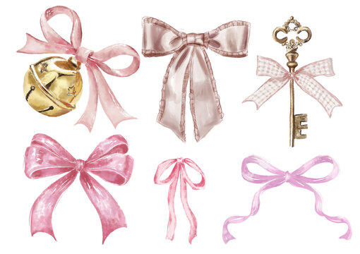 set Ilustraciones acuarela lazo mo&ntilde;o rosado dorado cascabel llave antiguo bonito cinto bow ribbon pink coquette