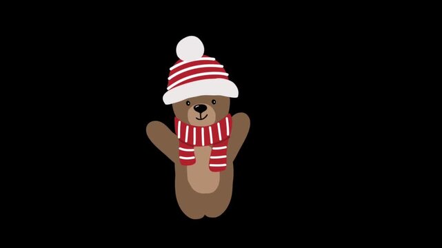 Christmas Animation. Happy Teddy Bear is Dancing. Enjoy Winter Holidays. Funny Baby Bear in Red Hat, Scarf. Cute Toy. Loop Video in Red, White, Brown on Black