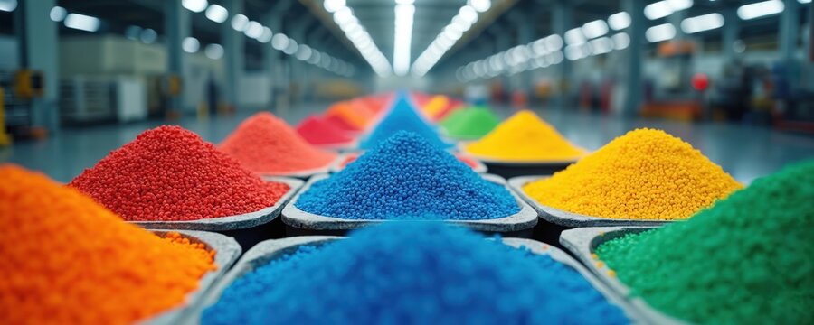 Brightly colored plastic pellets arranged in neat rows within modern factory setting. Small plastic beads raw materials used in various manufacturing processes, production lines. Represent industry,