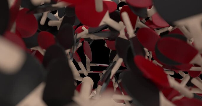 Chaotic 3D ping pong paddle falling animation with red and black paddles moving rapidly in depth. Ideal for sports backgrounds, dynamic overlays, action scenes, and energetic motion graphics. 4K UHD w