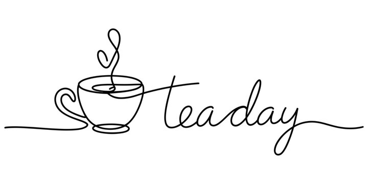 A minimalist single line drawing of a teacup with the word tea day written in a cursive font style. Vector, illustration