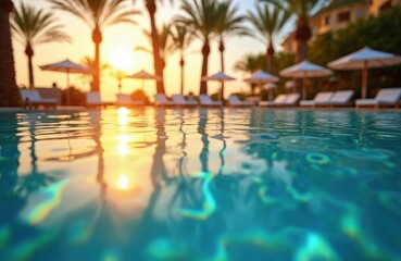 Fototapeta premium Close up pool water surface at sunset. Palm trees and lounge chairs line resort edge. Golden sun reflects on calm blue water. Luxury vacation background.
