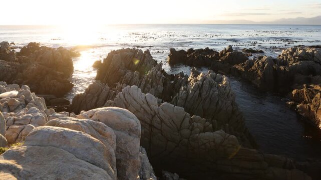 Rocky coastline of DeKelders overlooking the Atlantic Ocean, South Africa