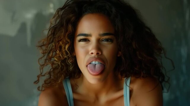 Expressive young woman with radiant skin and curly dark hair playfully sticks out her tongue, embodying carefree and genuine human emotion.