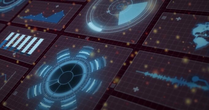 On data pulse 3D HUD grid animating radial scanner, filling gauge, moving waveform for monitoring